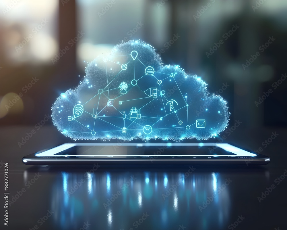 Poster cloud computing icon on digital tablet representing smart technology