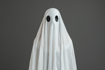 Person in a white ghost costume with black eyes on a dark background, perfect for Halloween or spooky-themed projects.