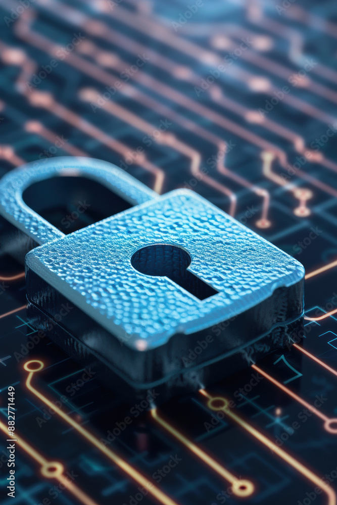 Poster a close-up of a metallic padlock resting on an illuminated circuit board, symbolizing cybersecurity 