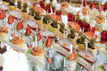 A large selection of various snacks for guests on a mirror surface. Buffet before an important event