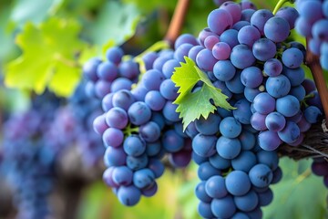Lush Purple Grapes Hanging on the Vine in a Vineyard