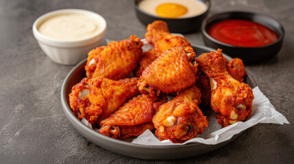 Fototapeta premium Crispy chicken wings served with assorted dipping sauces on rustic black plate, perfect for parties and casual dining.
