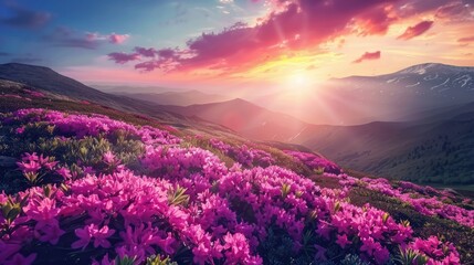 Obraz premium Charming pink flower rhododendrons at magical sunset. Location Carpathian mountain, Ukraine, Europe. Beautiful nature landscape. Scenic image of idyllic summer wallpaper. Discover the beauty of earth.