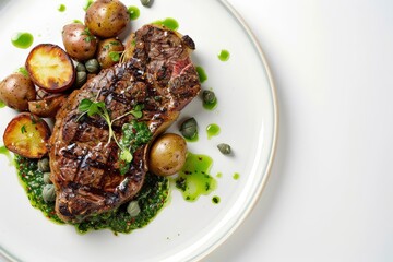 Grilled Dry Rubbed Flank Steak with Chimichurri Sauce and Roasted Potatoes