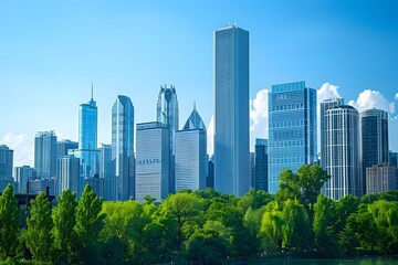 Obraz premium Stunning Skyline of a Modern City with Lush Greenery in the Foreground