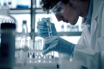 Scientist holding test tubes for test and view of Laboratory equipment microscope 