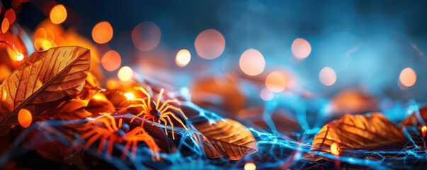 Endearing Halloweenthemed background with happy spiders and webs, mystery, area for text