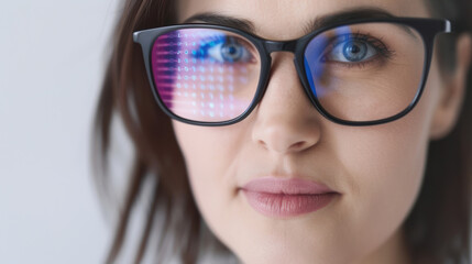 Close-up of woman wearing reflective glasses. Face highlighted with blue digital codes on the lenses. Strong focus on eyes and lenses.