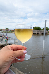 Tasting of Bordeaux white wine, right bank of Gironde Estuary, France. Glasses of white sweet French wine served in outdoor restaurant on oysters farm in Gujan-Mestras, Arcachon bay
