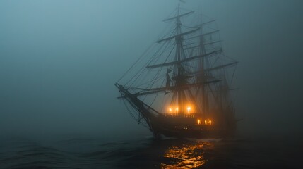 Fototapeta premium A ghost ship sailing through foggy waters under a dark sky