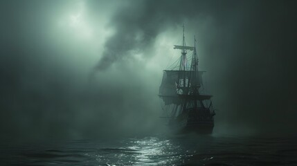 Fototapeta premium A ghost ship sailing through foggy waters under a dark sky