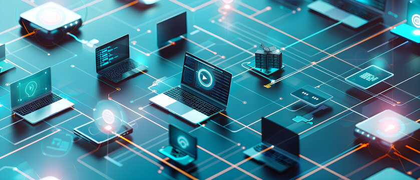 Complex network of computers with colorful connections, resembling a futuristic digital landscape of technology. - Powered by Adobe