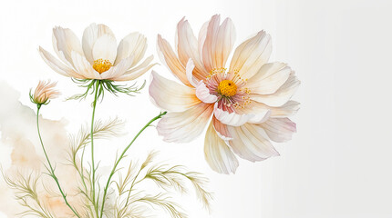 Fototapeta premium Watercolor image, cosmos flowers on a white background.