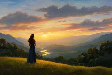 Obraz premium Woman standing on a hilltop, gazing at a serene sunset over a winding river and rolling hills, creating a tranquil and picturesque landscape.