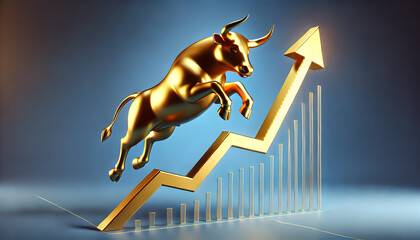 The image depicts a golden bull figurine dynamically leaping over a rising arrow chart symbolizing the concept of bullish market growth financial success and investment opportunities