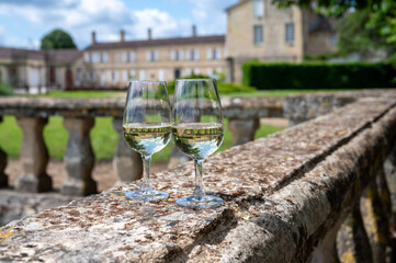 Glasses of white wine in old wine domain on Sauternes vineyards in Barsac village and old castle on background, Bordeaux, France