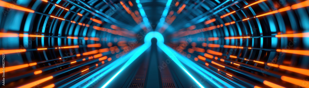 Poster Vibrant futuristic tunnel with glowing blue and orange lights. Symmetrical perspective creating a sense of motion and speed in a sci-fi setting.