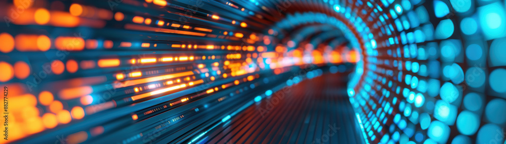 Poster futuristic glowing tunnel with vibrant blue and orange lights creating a dynamic and mesmerizing vis