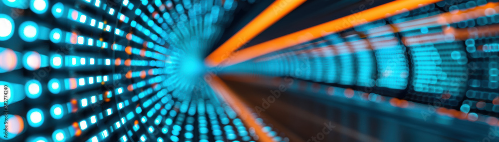 Poster abstract futuristic tunnel with vibrant blue and orange lights creating a dynamic, high-tech atmosph
