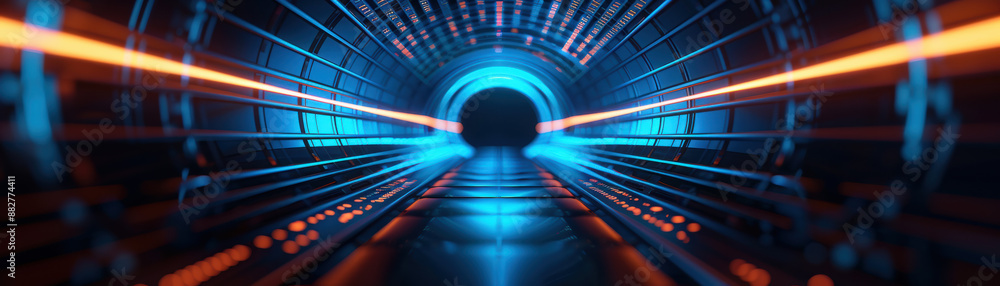 Poster futuristic tunnel with vibrant blue and orange lights, creating a dynamic and fast-paced atmosphere.