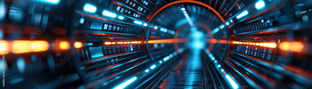 Poster futuristic sci-fi tunnel with glowing neon lights and sleek metallic structures, perfect for technol