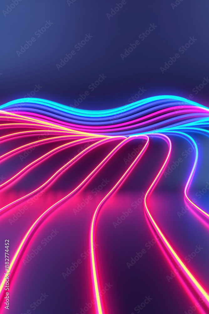 Poster vibrant neon light trails in abstract wave pattern on dark background, showcasing mesmerizing futuri