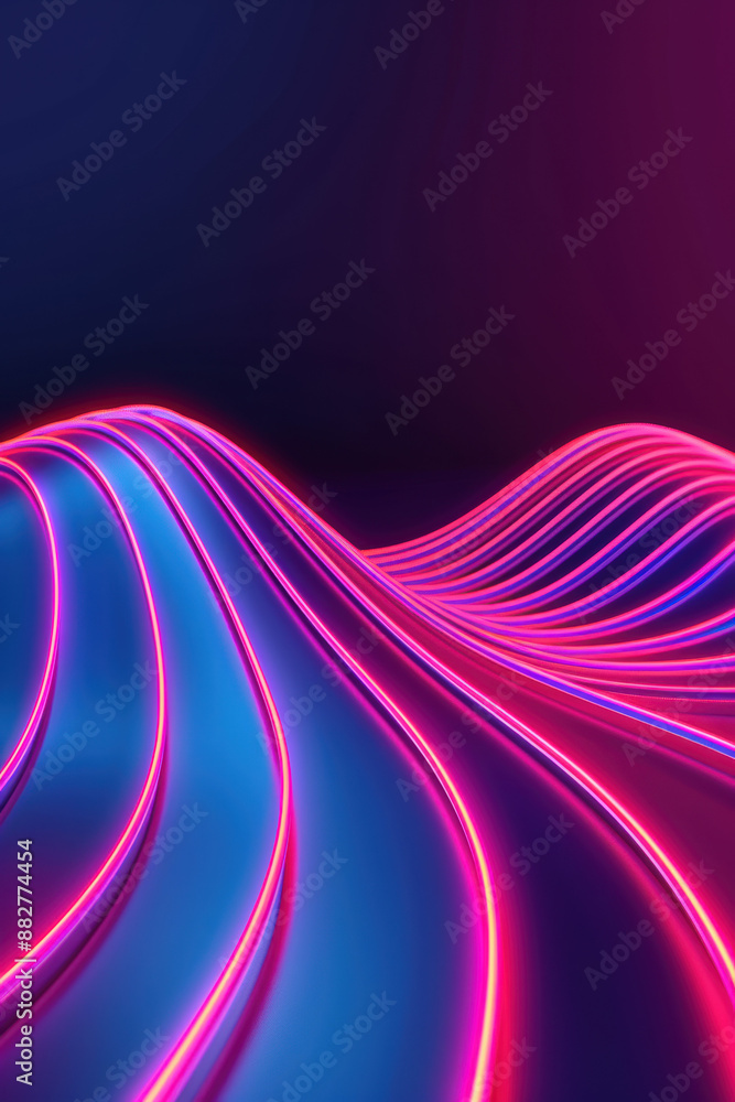 Poster abstract neon wave lines in vibrant purple and blue colors on a dark background, creating a futurist
