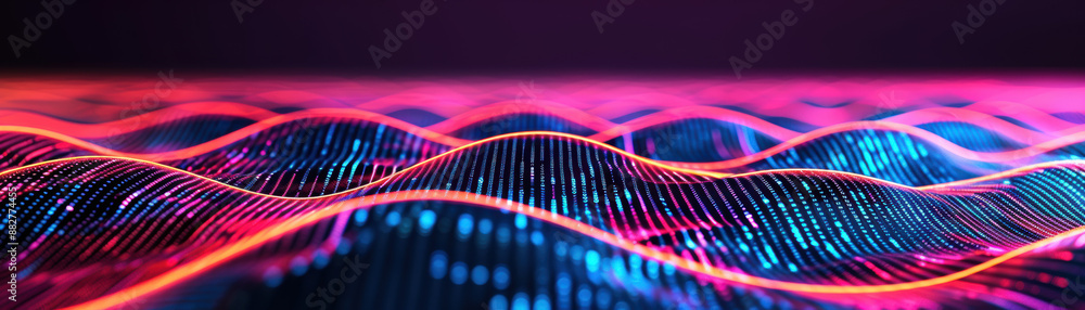 Poster vibrant digital waves of neon light and pixels form an abstract futuristic background, evoking techn