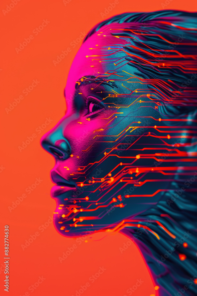 Poster abstract ai woman portrait with vibrant colors and circuit pattern overlay, symbolizing technology i