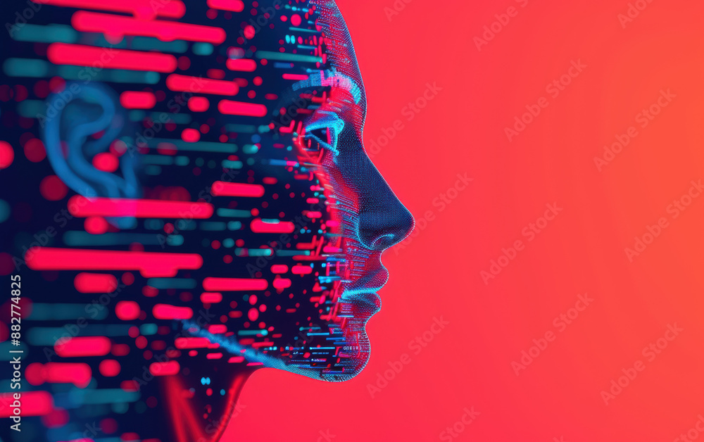 Poster a futuristic digital human face with data lines and glowing circuits, representing artificial intell