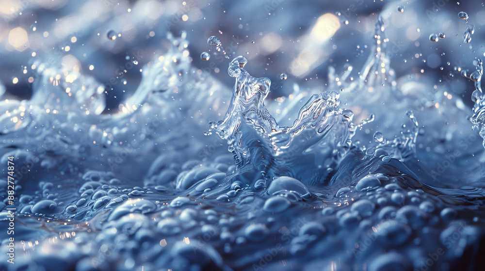 Poster close-up of water bubbles in motion, their transparent forms capturing and reflecting light, generat