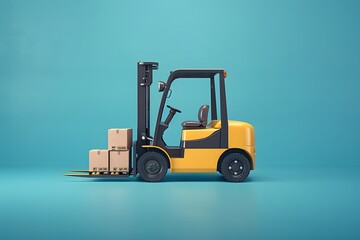 Naklejka premium Yellow Forklift Transporting Boxes Against a Blue Background