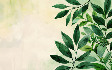 Fototapeta premium Watercolor painting of lush green leaves on a light background, evoking a sense of tranquility and nature.
