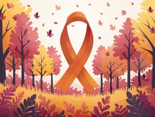 Orange ribbon in an autumn forest, symbolizing awareness and support.