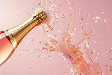 mockup champagne bottle being opened with splashes of sparkling wine, on light pink background, commercial photography, advertising, banner