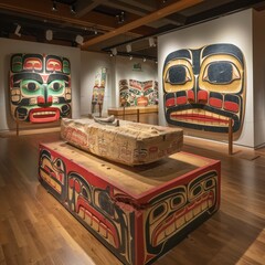 Carved Wooden Masks and Box Displayed in Museum Interior