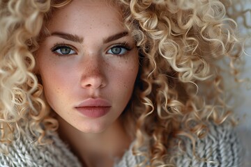 Fototapeta premium Close-Up Portrait of a Woman with Curly Blonde Hair and Freckles