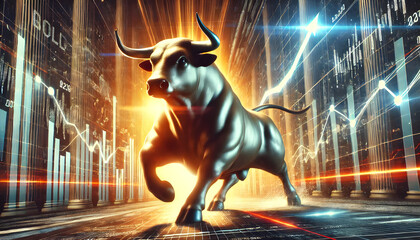Powerful Bull Charging Through Dynamic Financial District at Night with Illuminating Cityscape Background  Conceptual 3D of Bullish Market and Successful Investment Growth