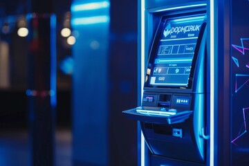 Fototapeta premium Modern ATM Machine with Blue Neon Lights