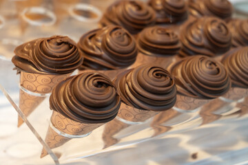 High quality artisanal made swiss chocolate horns from cocoa butter with different fillings