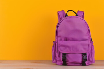 Vibrant pink backpack against yellow background on wooden surface. Ideal for school, travel, and lifestyle imagery. Minimalist and colorful composition.