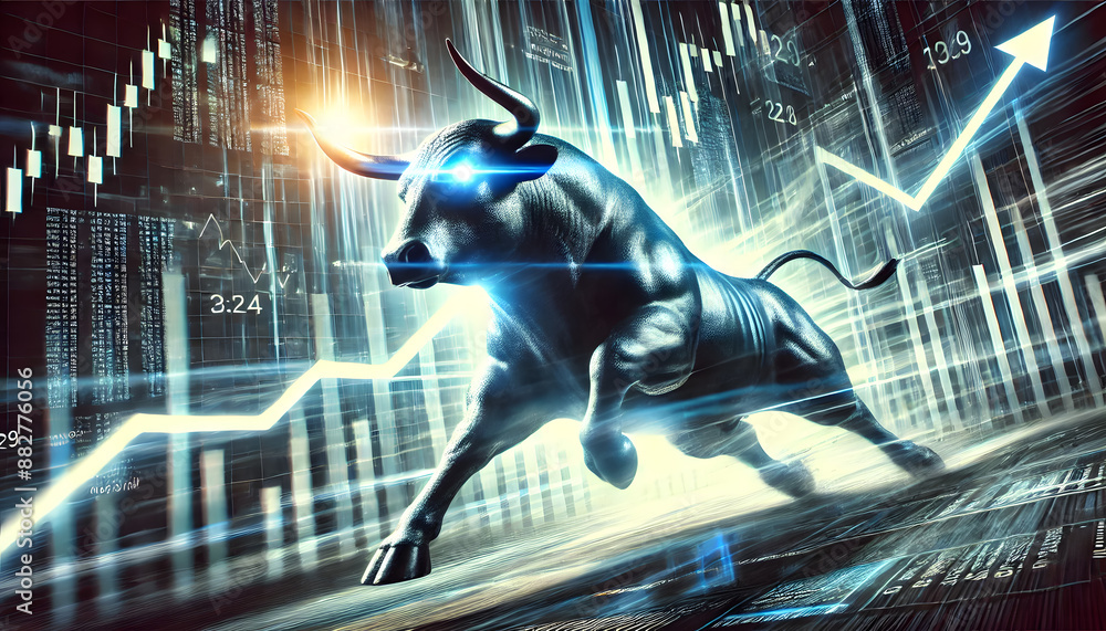 Poster futuristic bull and bear clash in dynamic market visualization with soaring arrows financial data an