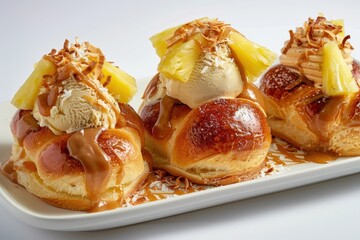 Indulgent Dulce de Leche-Pineapple Ice Cream Sundae with Toasted Brioche and Coconut Flakes