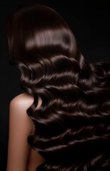 Fototapeta premium Close up view of women's healthy long brown hair with shiny curls. Concept care healthy hair