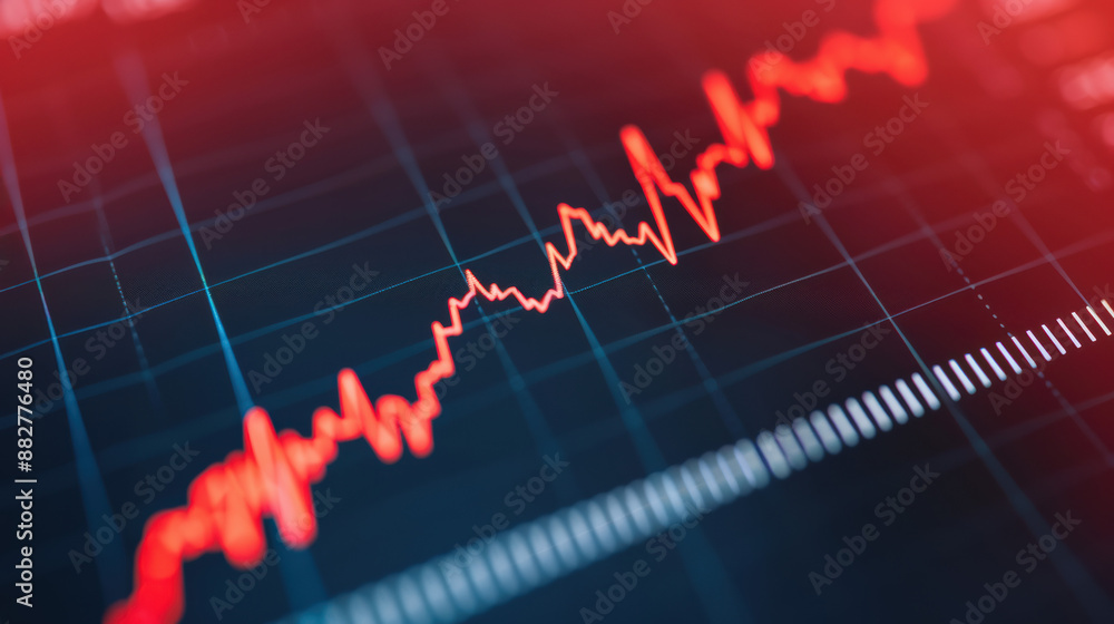Poster a close-up view of a fluctuating stock market graph on a computer screen, highlighting financial tre