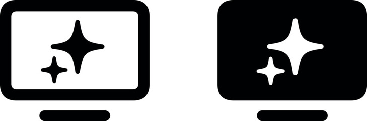 Smart tv with AI built in features icon. Ui template icons for modern television sharing app with glittering star. Apple TV