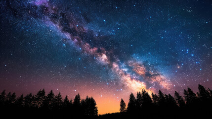 Stunning night sky filled with stars and a vibrant Milky Way galaxy above a silhouetted forest under a colorful horizon. Perfect for stargazing lovers.