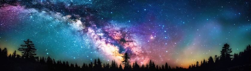 Naklejka premium A breathtaking panorama of the Milky Way galaxy stretching across the night sky, with silhouetted pine trees below in a serene forest landscape.