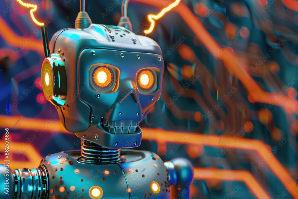 Aufkleber a robot with a skull on its face is standing in front of a wall