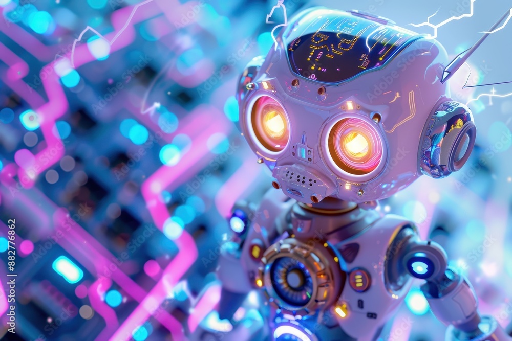 Poster a robot with glowing eyes stands in front of a circuit board